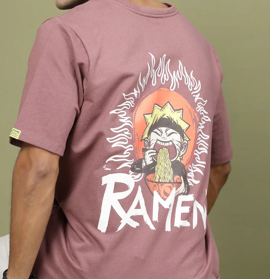 Anime Ramen Print Oversized Mauve T-Shirt
