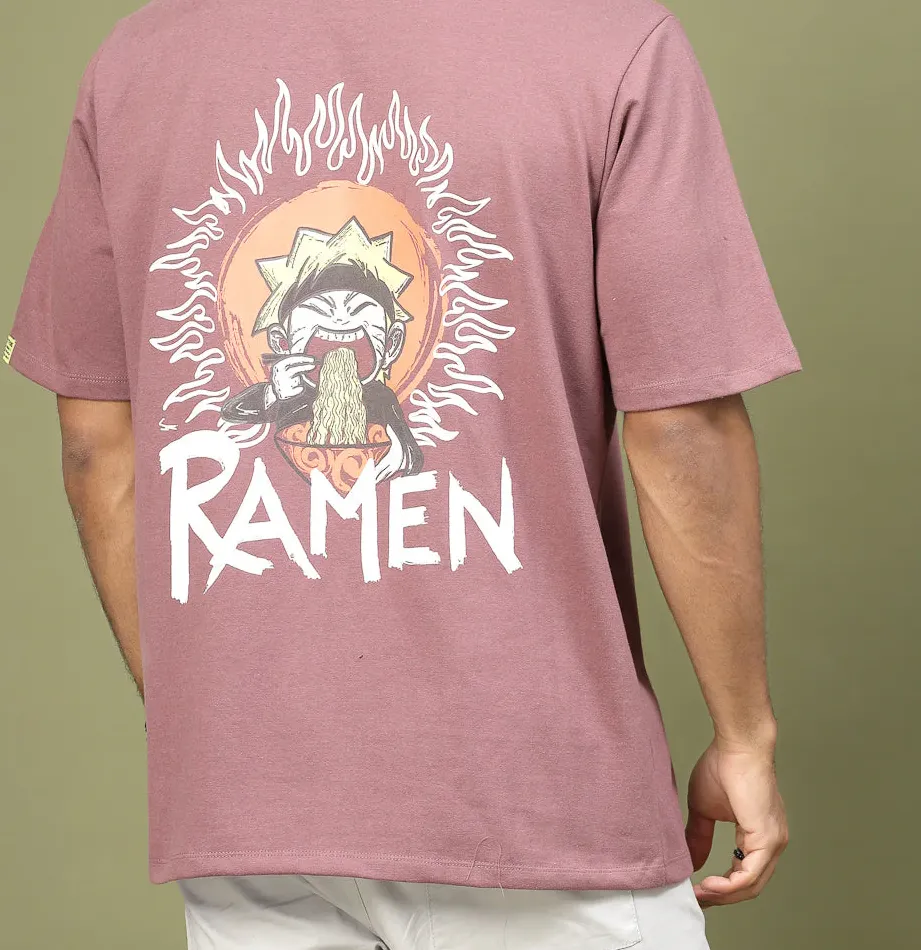 Anime Ramen Print Oversized Mauve T-Shirt