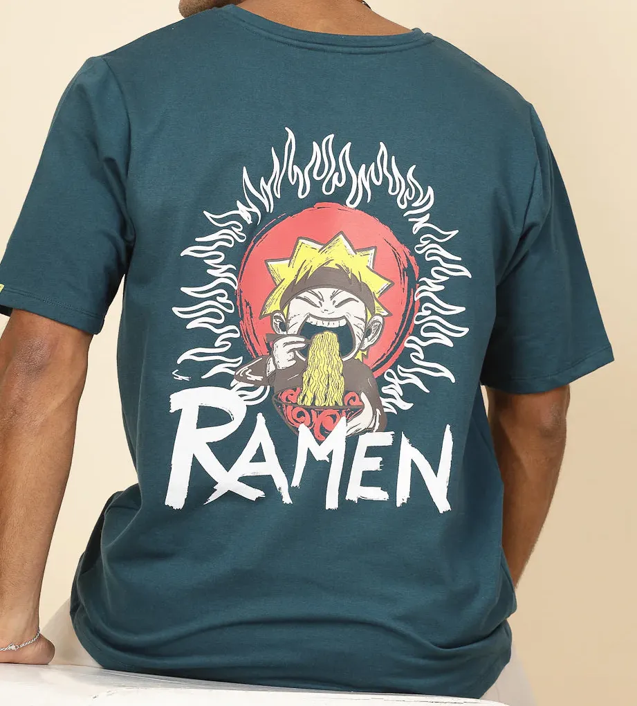 Anime Ramen Print Oversized Olive Green T-Shirt