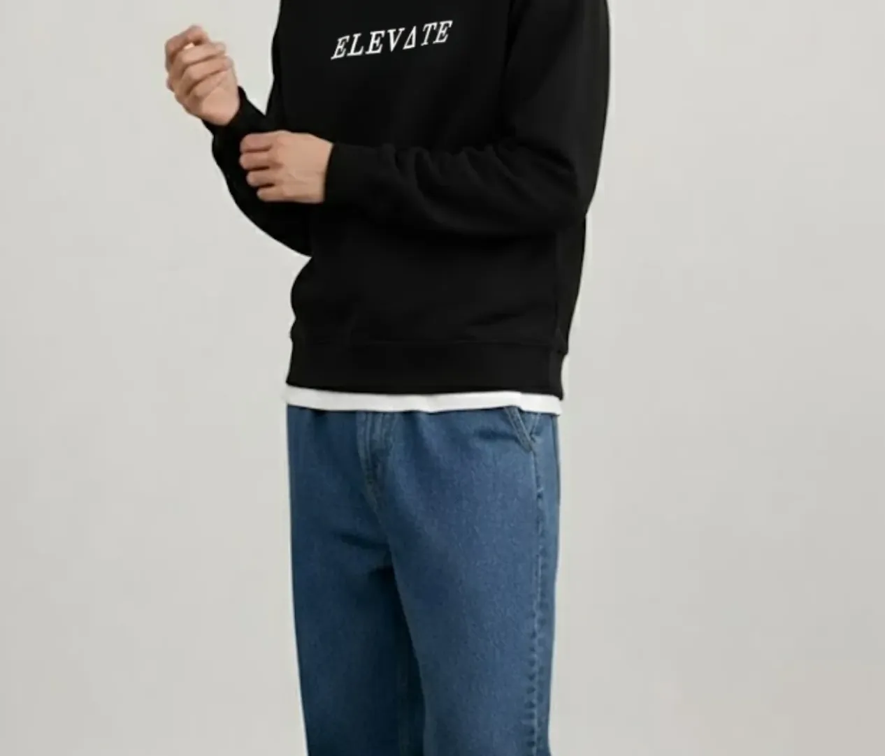 Black Fleece Round Neck Regular Fit Black Sweatshirt