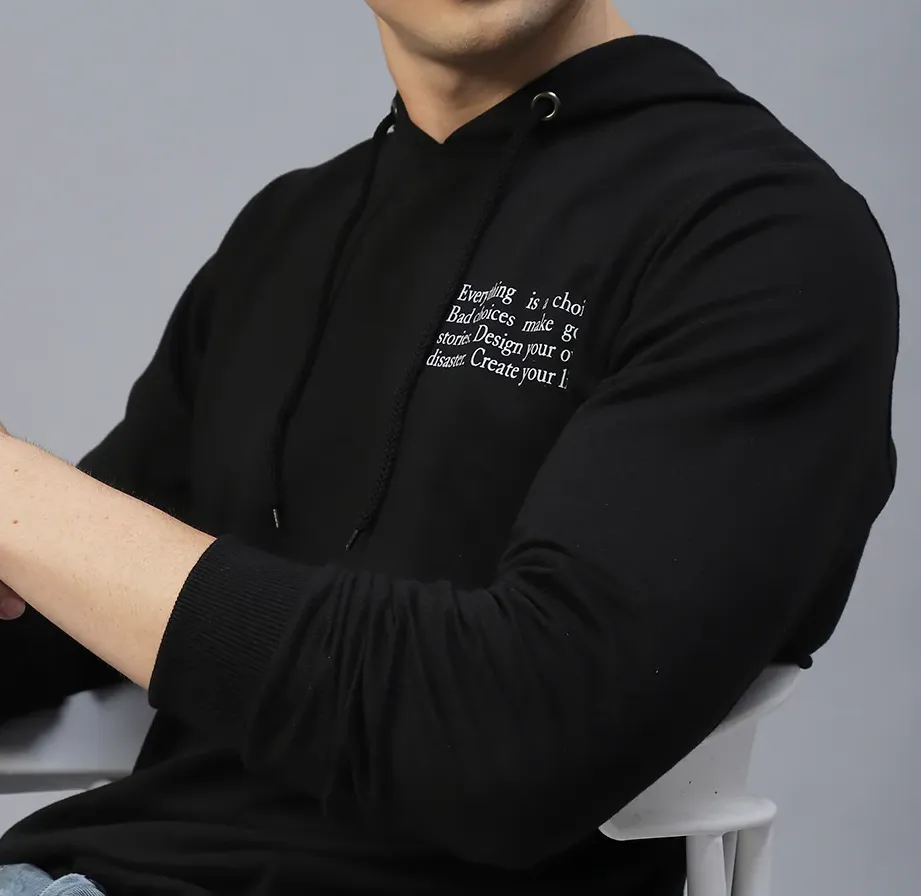 Black Text Print Hooded Sweatshirt