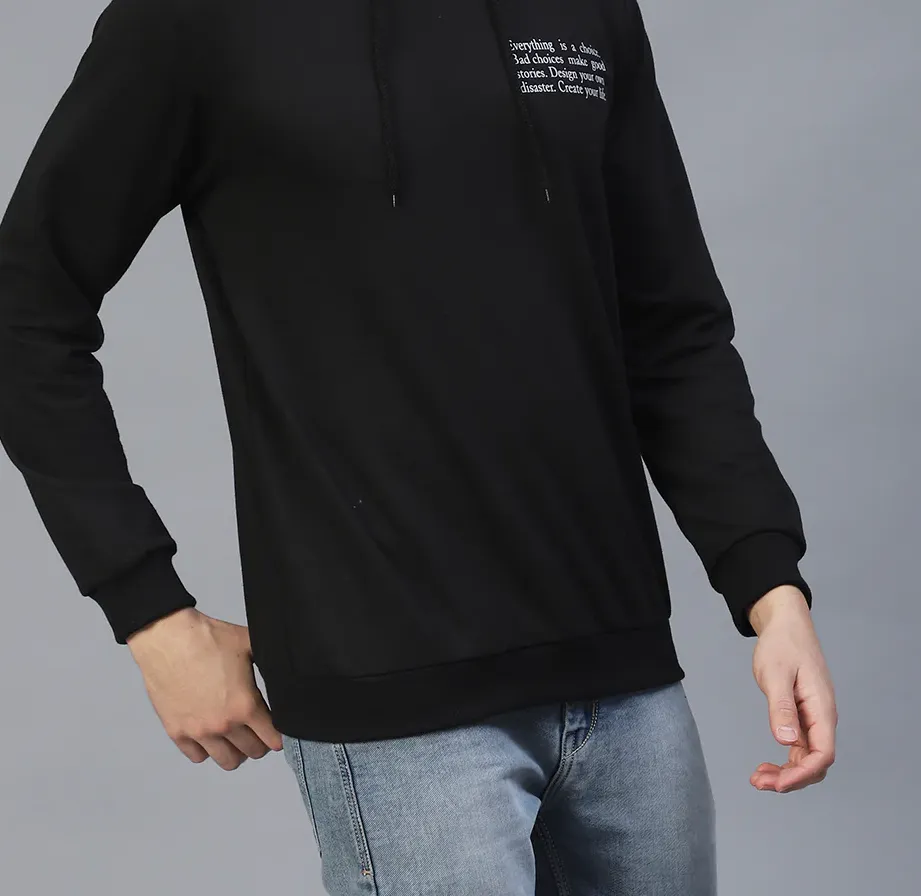 Black Text Print Hooded Sweatshirt