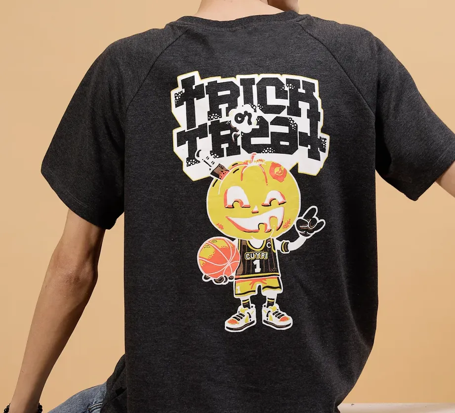Bold Typography on Terry Raglan Sleeves Charcoal Tees