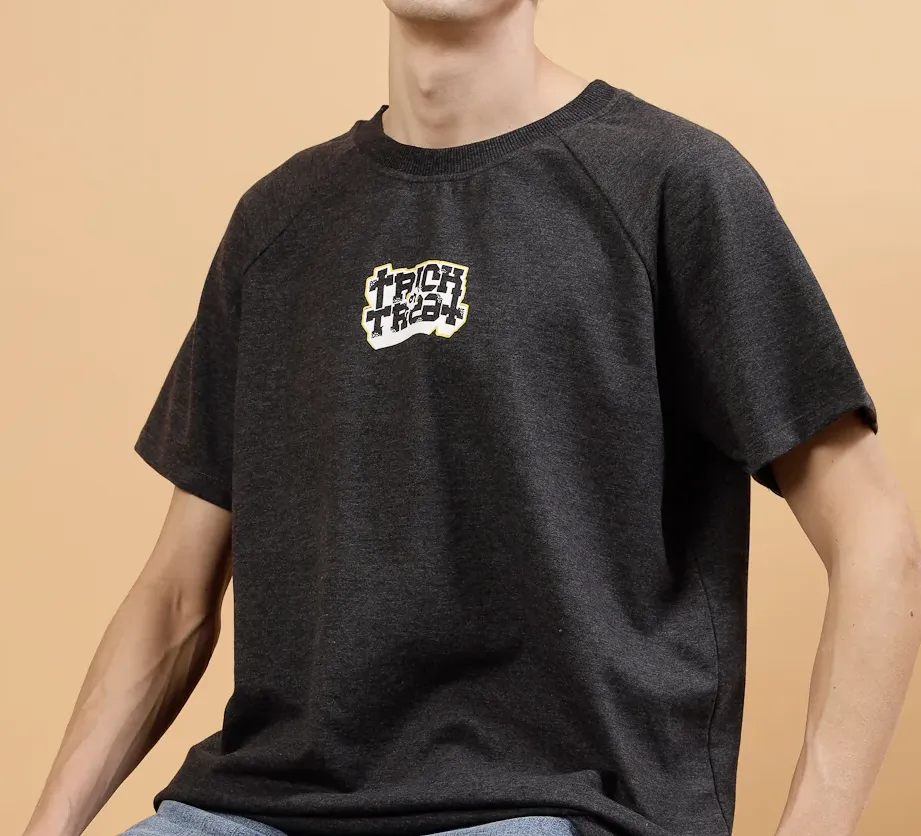 Bold Typography on Terry Raglan Sleeves Charcoal Tees