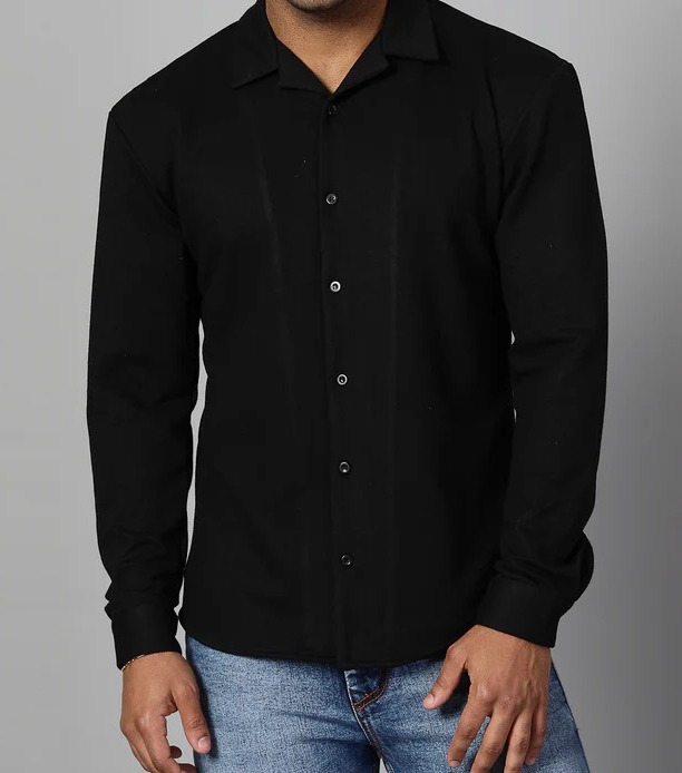 Classic Cuban Collar Terry Jet Black Shirt