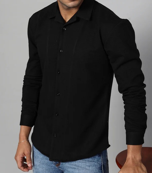 Classic Cuban Collar Terry Jet Black Shirt