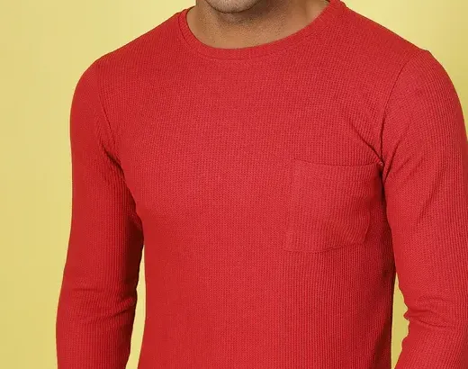 Classic Waffle Knit Round Neck Dark Maroon T-shirt