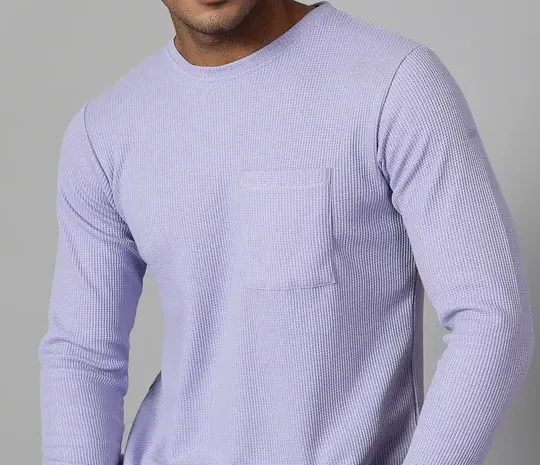 Classic Waffle Knit Round Neck Light Purple T-shirt