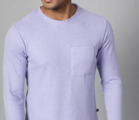 Classic Waffle Knit Round Neck Light Purple T-shirt