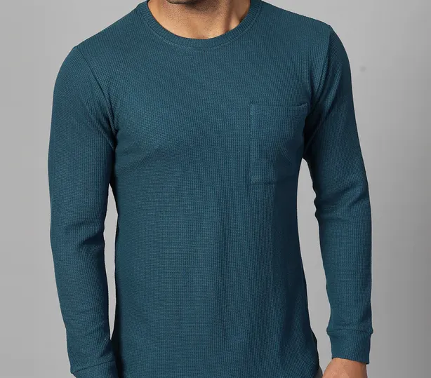 Classic Waffle Knit Round Neck Teal Green T-shirt