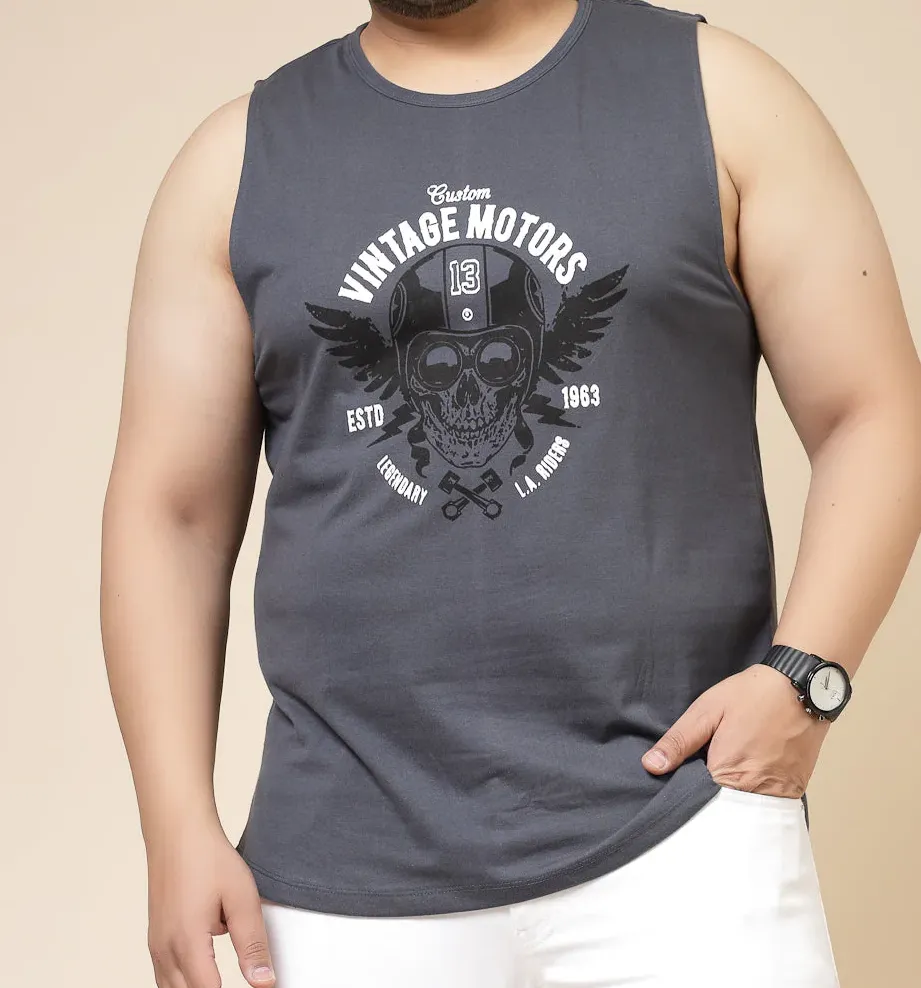 Cotton Canvas Typography Vest Charcoal T-Shirt