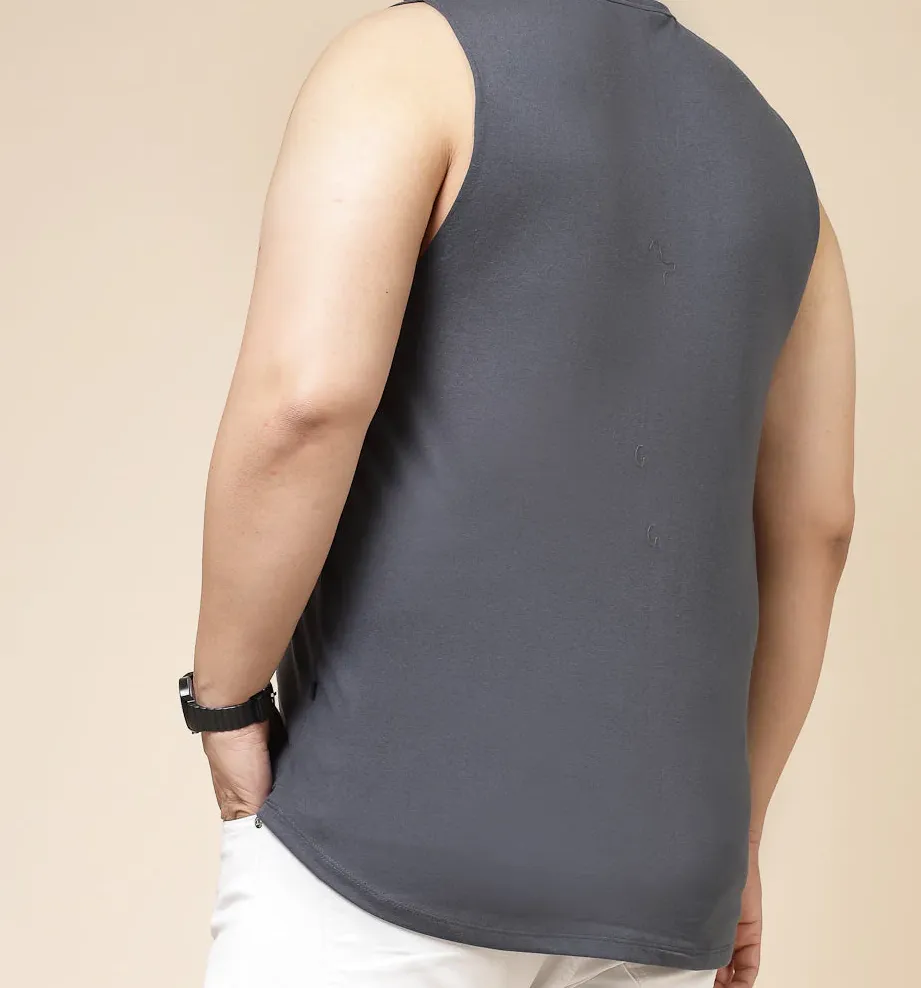 Cotton Canvas Typography Vest Charcoal T-Shirt