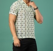 Cotton Crochet Botanical Polo Slim Fit Green Shirt