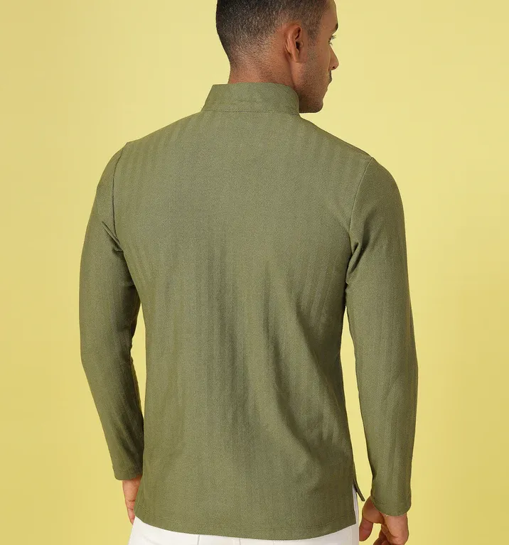 Herringbone High Neck Zipper T-Shirt