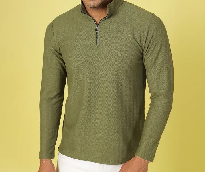 Herringbone High Neck Zipper T-Shirt