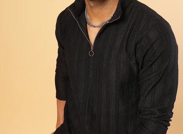 Men's Polyester Cable Knit Polo Jet Black T-Shirt