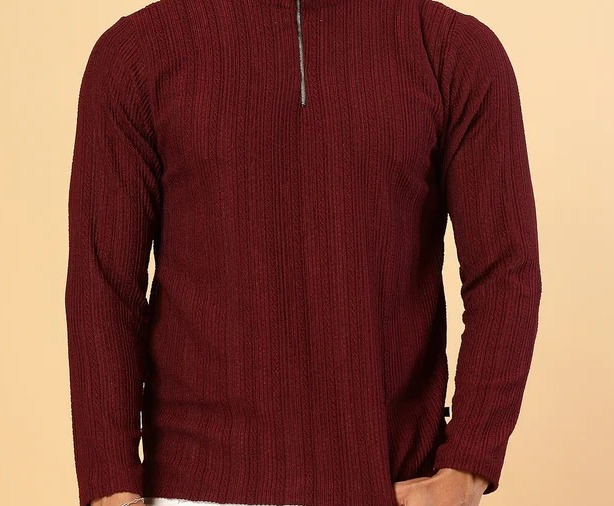 Men's Polyester Cable Knit Polo  Wine T-Shirt