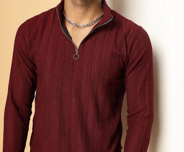 Men's Polyester Cable Knit Polo  Wine T-Shirt