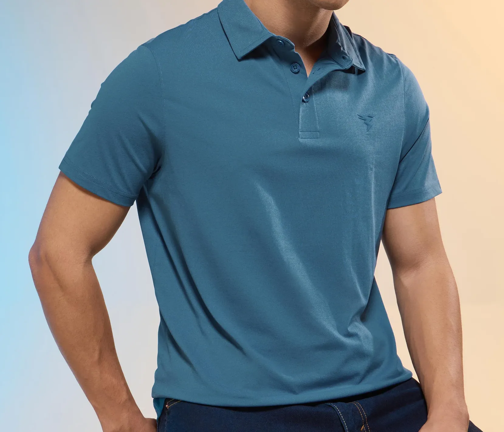 Men Solid Slim Fit Polo Horizon Blue T-shirt