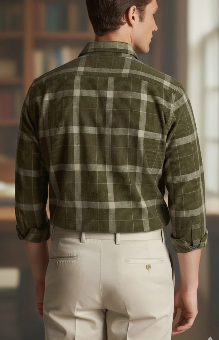 Olive Green Regular Fit Corduroy Checks Shirt Green
