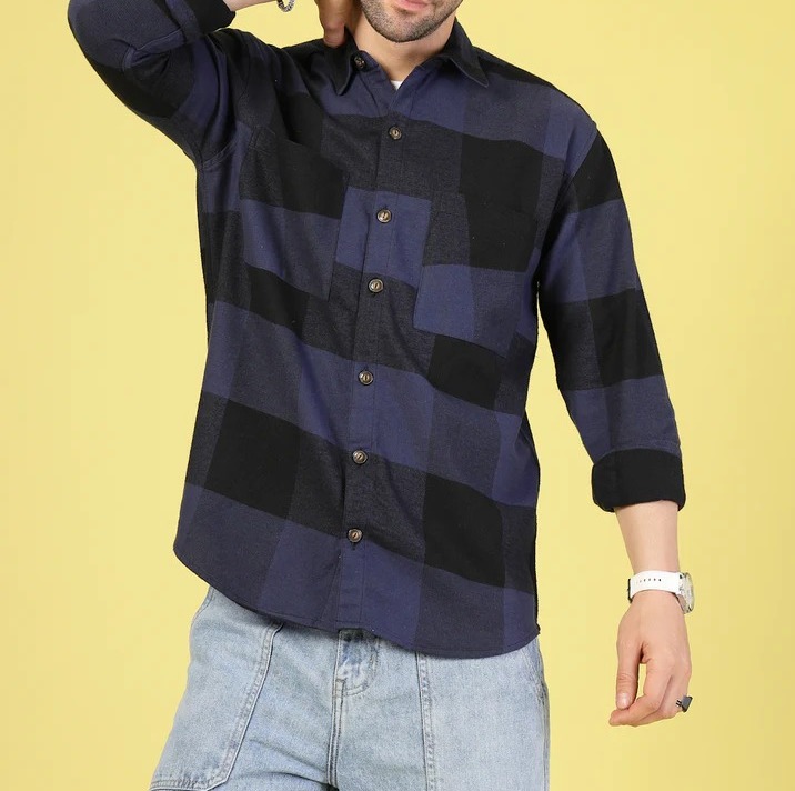 Oversized Checked Flannel Shacket Navy