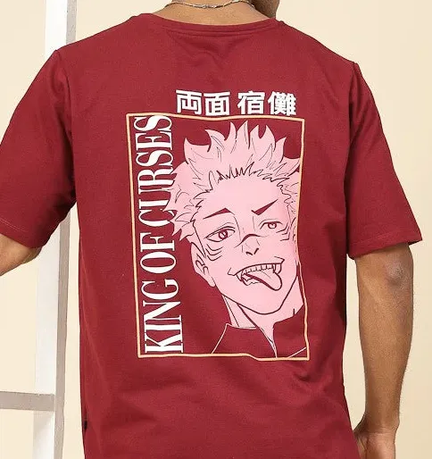 Oversized Curse King Anime Maroon T-shirt