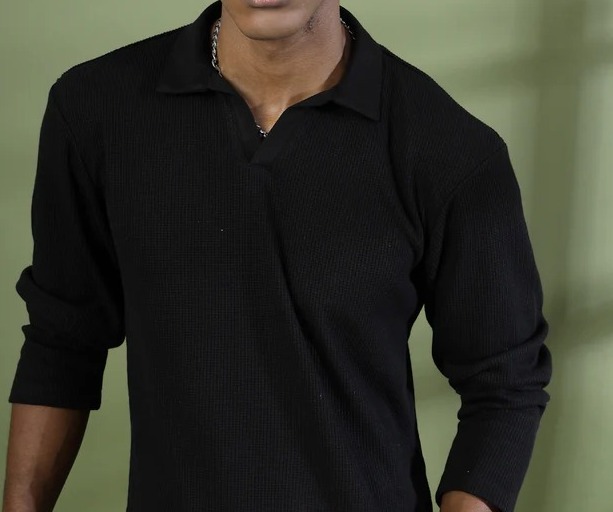 Oversized Waffle Cotton Polo Jet Black T-Shirt