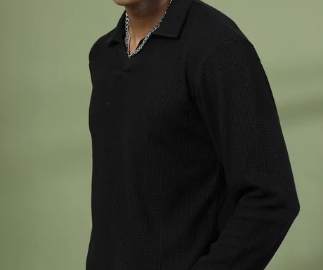 Oversized Waffle Cotton Polo Jet Black T-Shirt