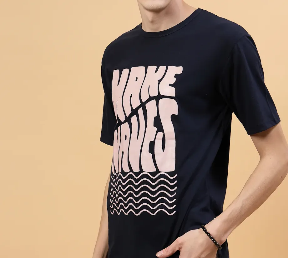 Pattern Printed Slim Fit Cotton Jersey Navy Blue Tees