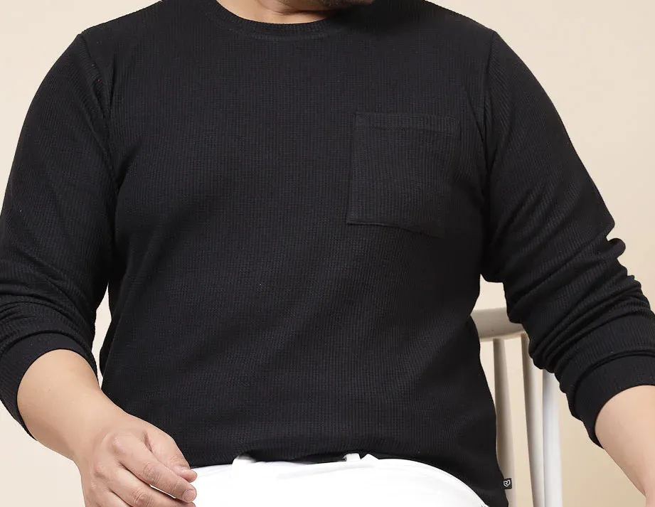 Pocketed Waffle Jet Black Tee with Curved Hem