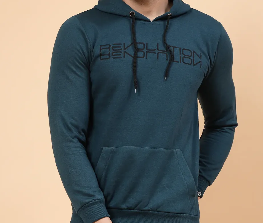Printed Hooded Fleece Teal Sweatshirt