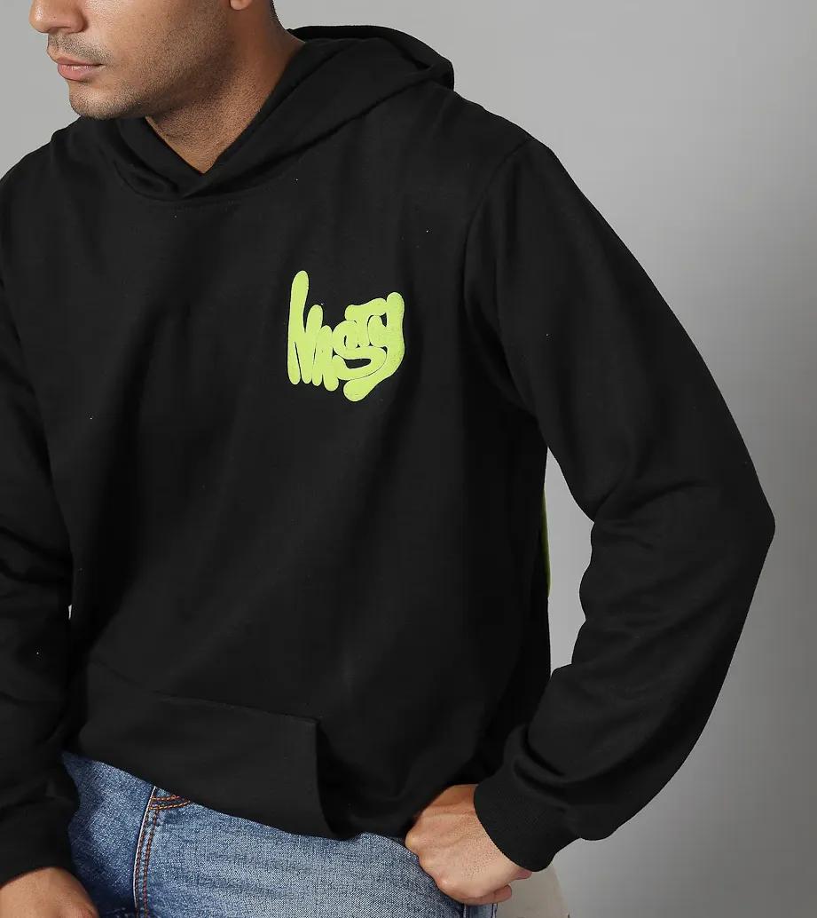 Puff Print Oversized Hooded Pullover Jet Black Sweatshirt