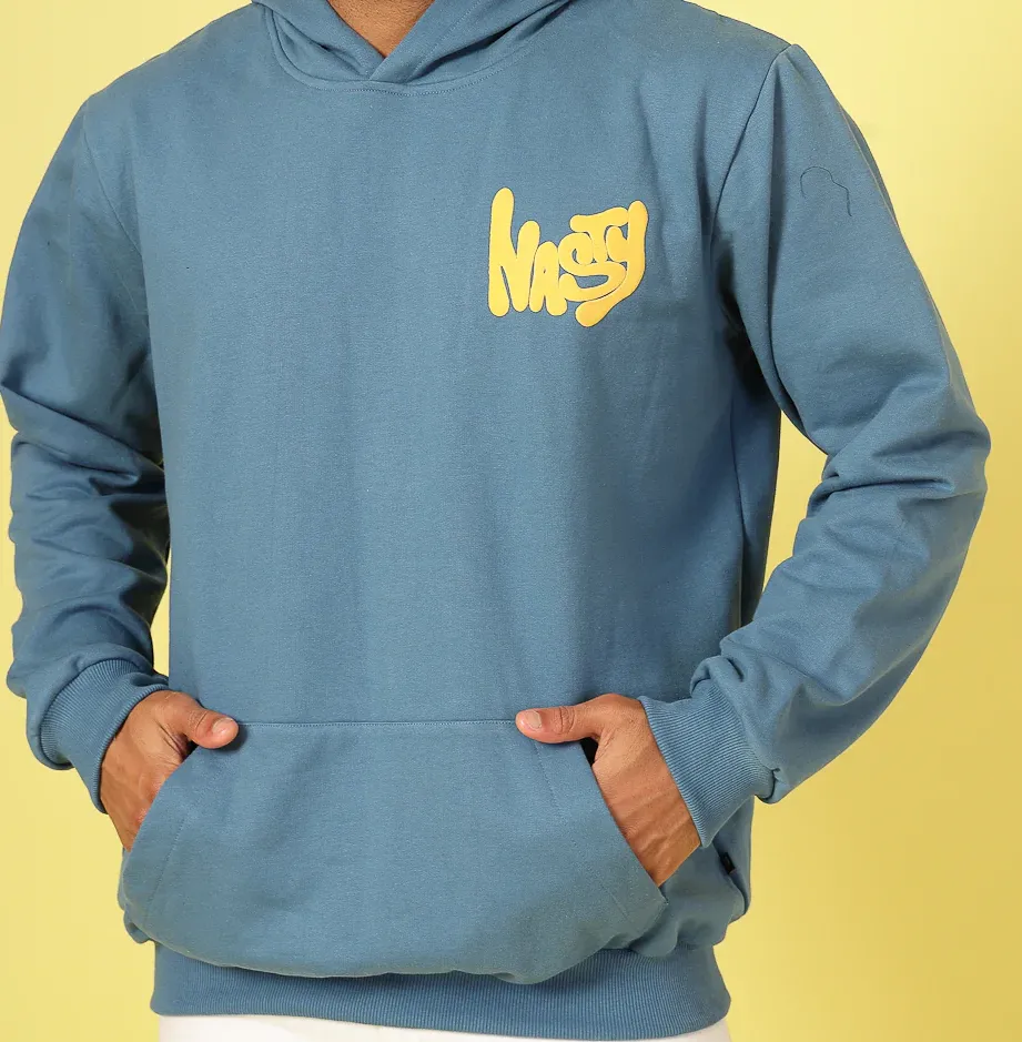 Puff Print Oversized Hooded Pullover Light Blue Sweatshirt