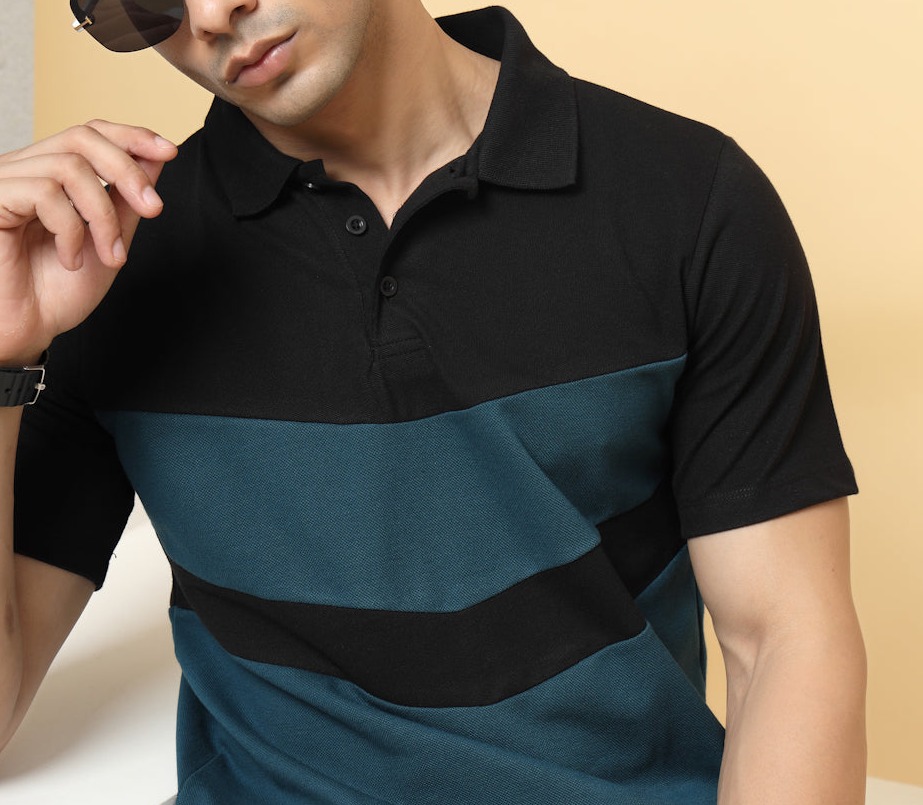 Rigo Men's Contrast Textured Panel  Polo T-shirt