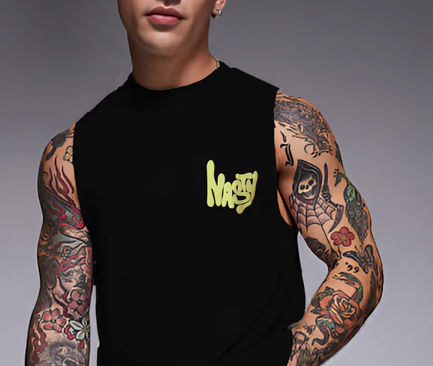 Rigo Men Terry Oversized Printed Black Vest T-shirts