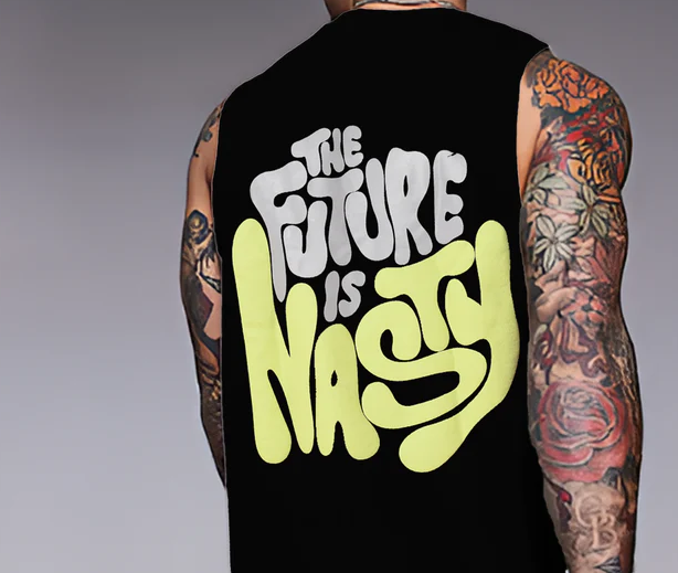 Rigo Men Terry Oversized Printed Black Vest T-shirts