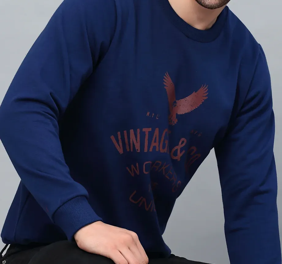 Round Neck Full Sleeve Printed Fleece Blue Sweatshirt
