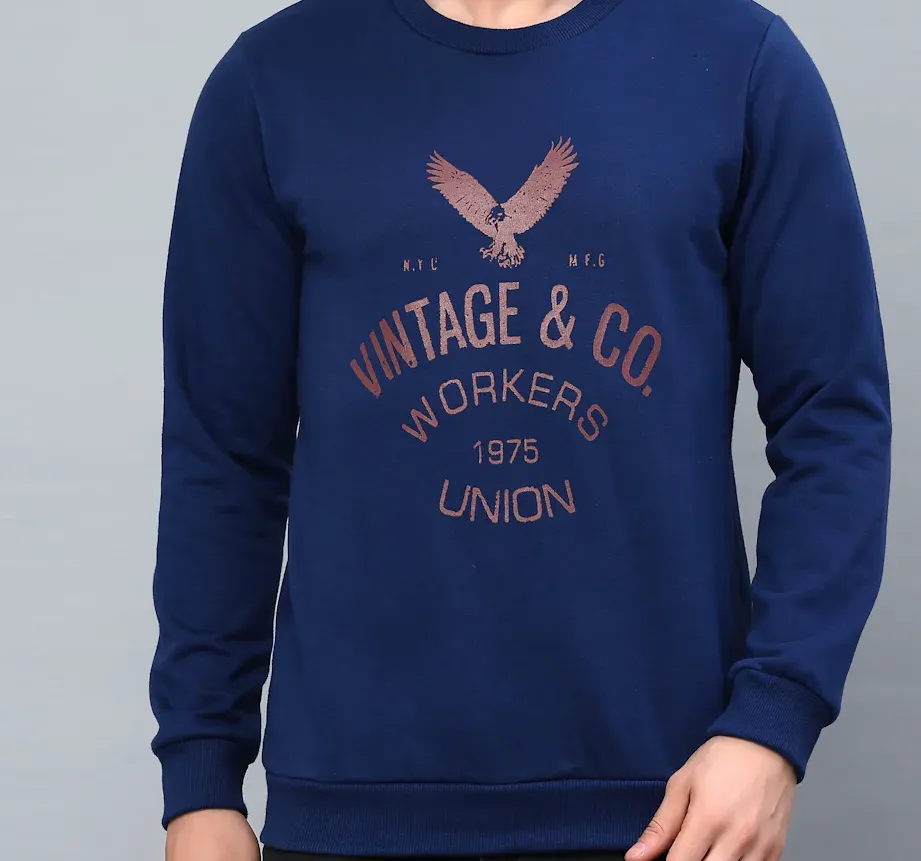 Round Neck Full Sleeve Printed Fleece Blue Sweatshirt