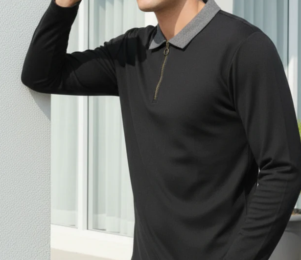 Textured Black Zip Neck Ribbed Polo T-Shirt