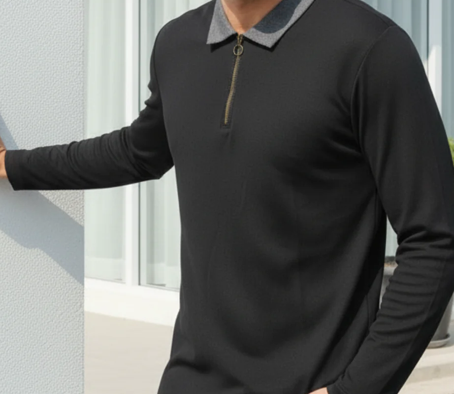 Textured Black Zip Neck Ribbed Polo T-Shirt
