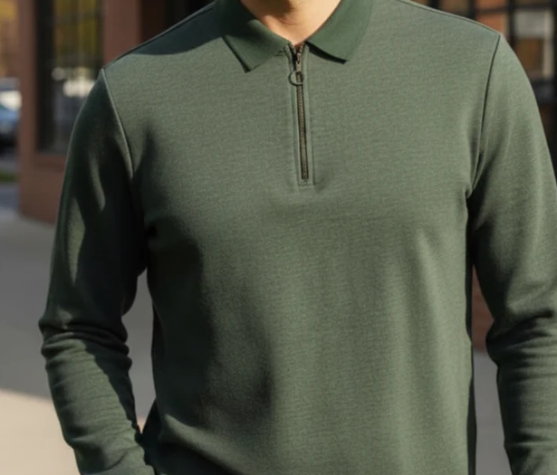 Textured Green Zip Neck Ribbed Polo T-Shirt