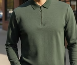 Textured Green Zip Neck Ribbed Polo T-Shirt