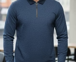 Textured Navy Zip Ribbed Polo T-Shirt