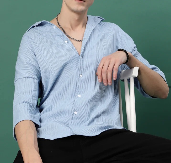 Trendy Fashion In Oversized Rib Light Blue Shirts