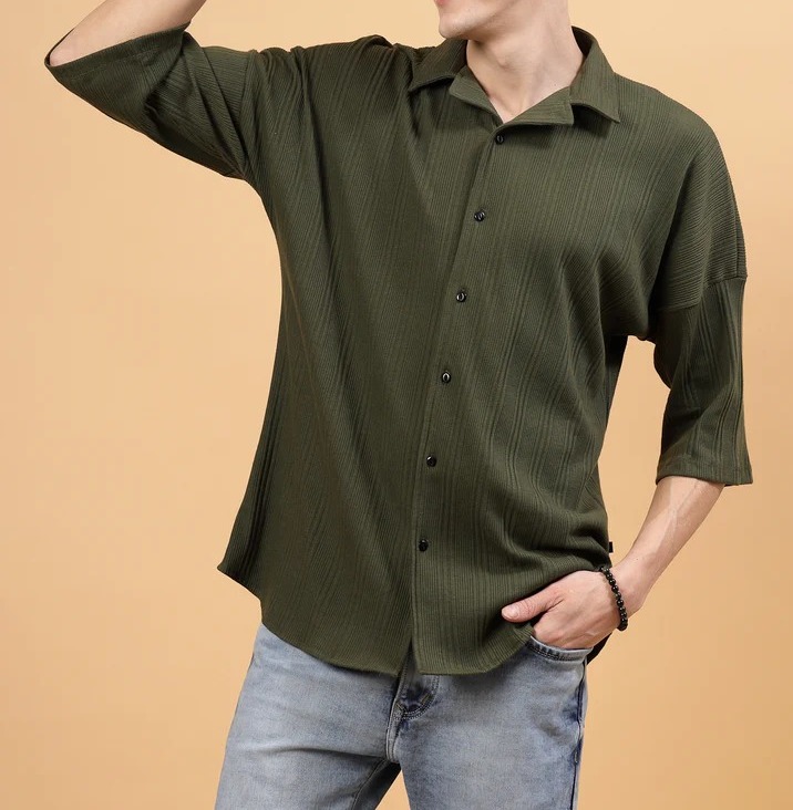 Trendy Fashion In Oversized Rib Olive Green Shirts