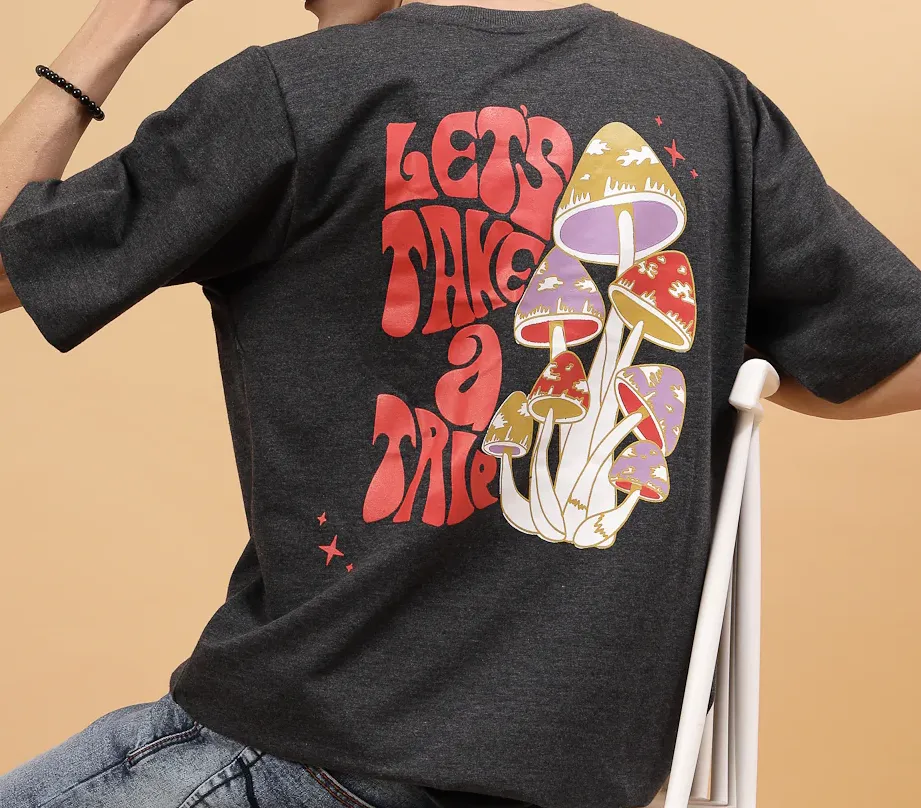 Trendy Men's Oversized Printed Charcoal Tee