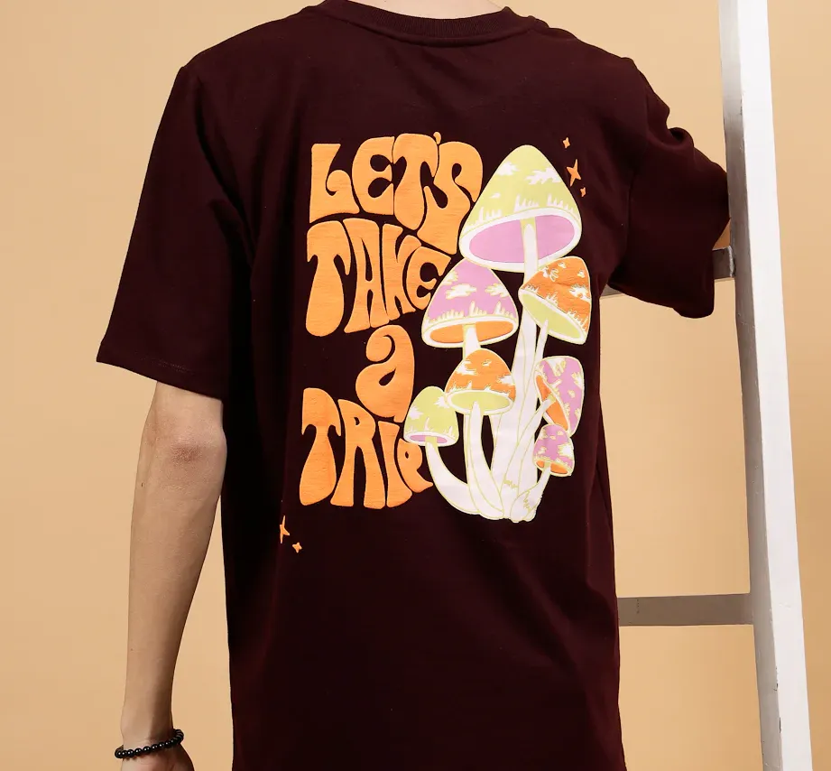 Trendy Men's Oversized Printed Red Wine Tee