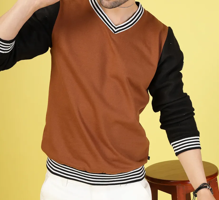 V-Neck Colorblock Camel Brown Sweatshirt