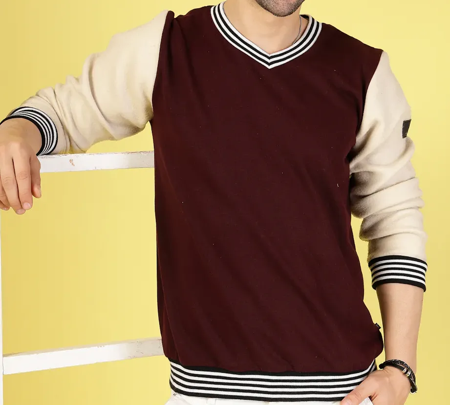 V-Neck Colorblock Wine Sweatshirt