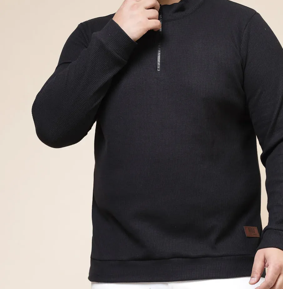 Waffle Henley Zip Jet Black Tee for Men